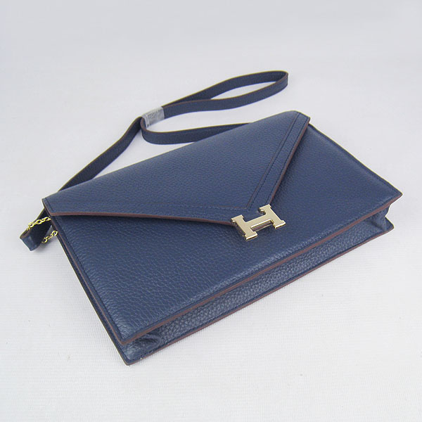 7A Hermes Togo Leather Messenger Bag Dark Blue With Gold Hardware H021 Replica - Click Image to Close